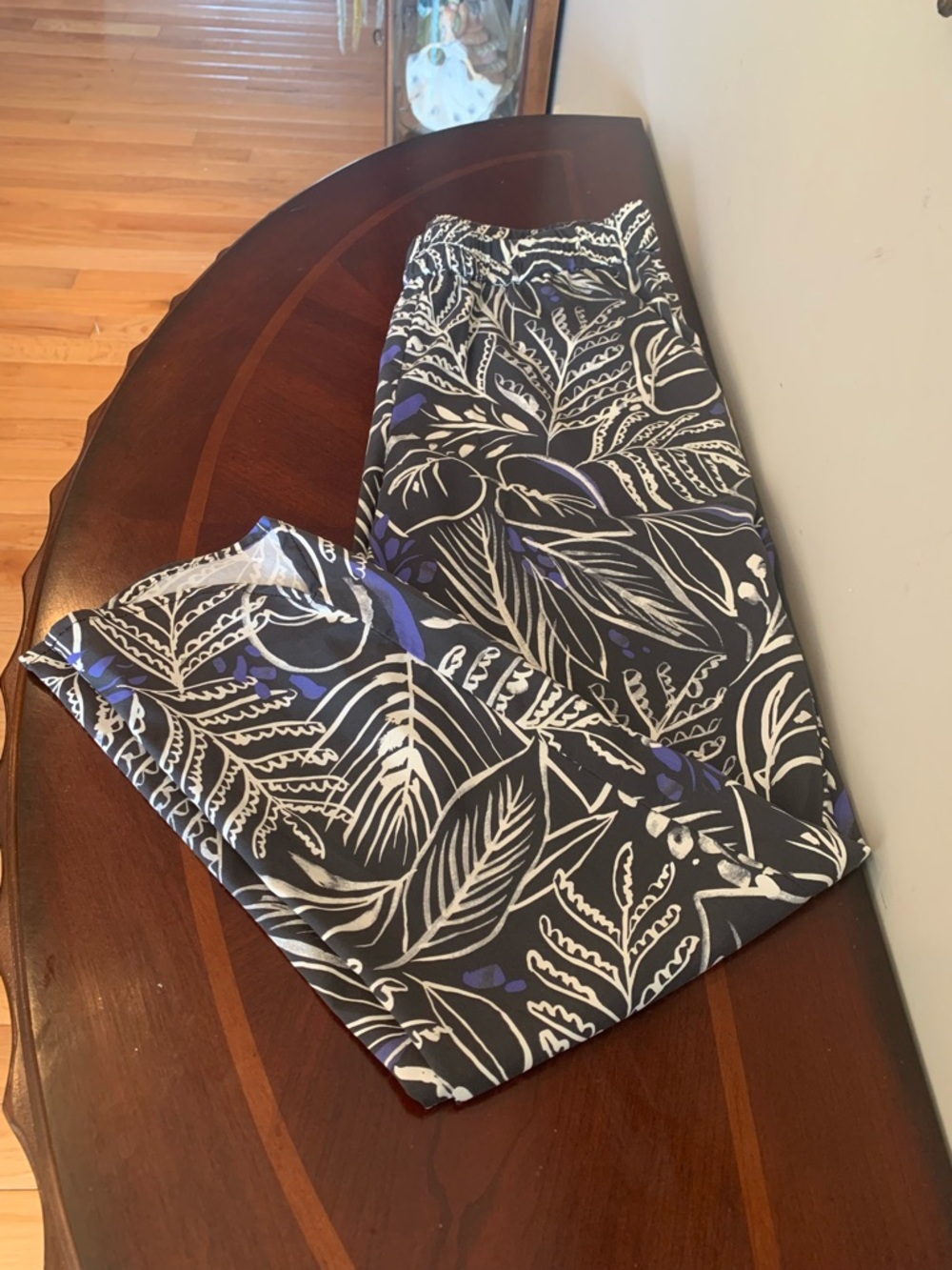 Marine Layer Black and White Leaf-Print Pants Elastic Waist Tencel Blend